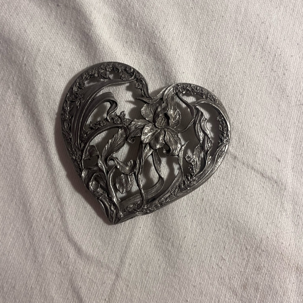 Silver Heart-Shaped Floral Brooch